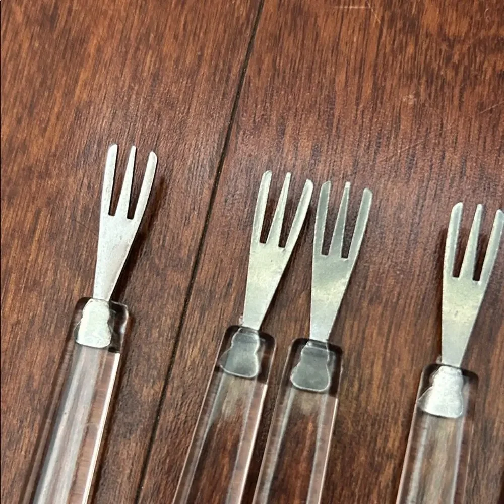 Vintage Set of 12 Clear Hors D’oeuvres Forks, Mid Century Modern Lucite Style